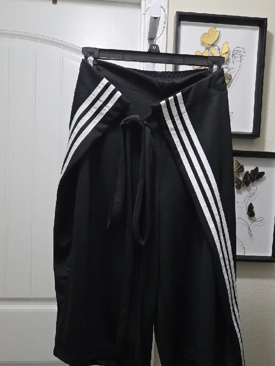 adidas Black Wide-Leg Culotte Track Wrap Around Shorts White Stripes - Picture 2 of 6